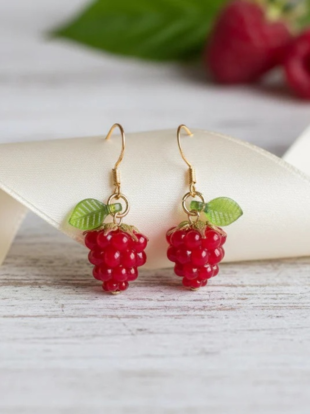 Red Raspberry Drop Earrings with Green Leaf Accents